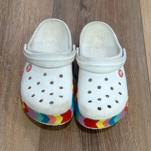 CROCS Kids White Clogs with Colorful Chevron Soles